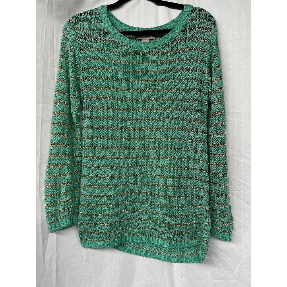 Banana Republic Metallic Stripe Sweater Lightweight Knit Green  Gold Size Small